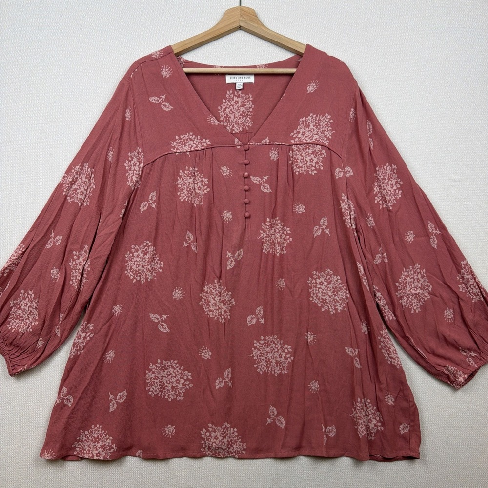 Skies Are Blue Curvy Blouse Floral 2X Plus 3/4 Sleeve‎ Boho Cottage Fairy Mauve